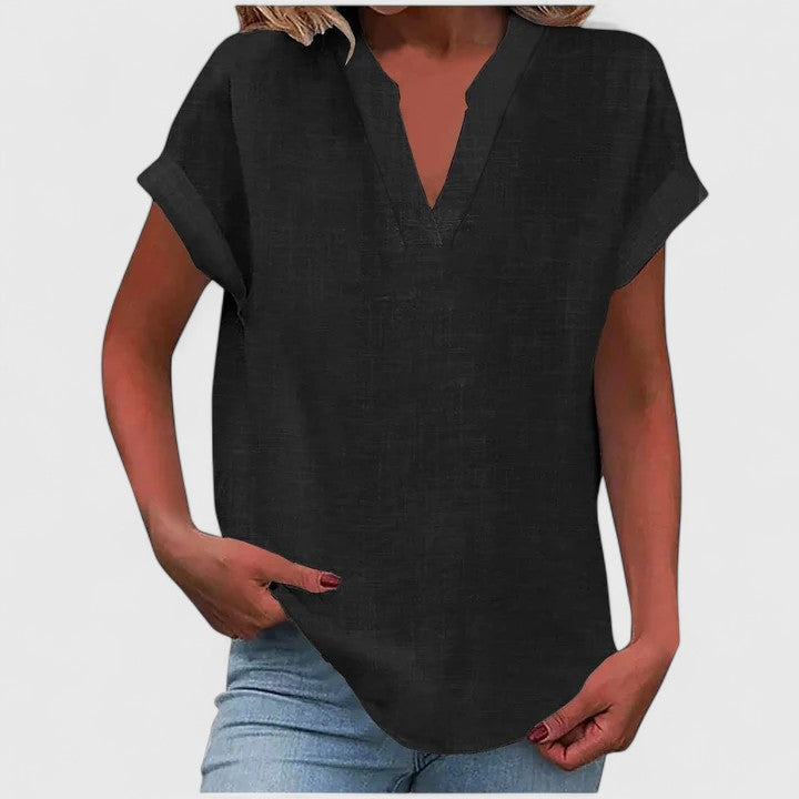 Vêtement femme chic et décontracté : blouse col V idéale pour le quotidien ou le printemps.