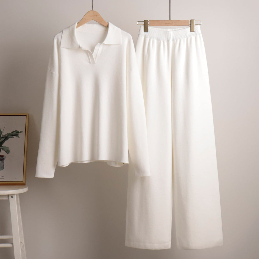 Tenue polyvalente femme : ensemble pull polo et pantalon large, parfait pour détente ou sortie décontractée.