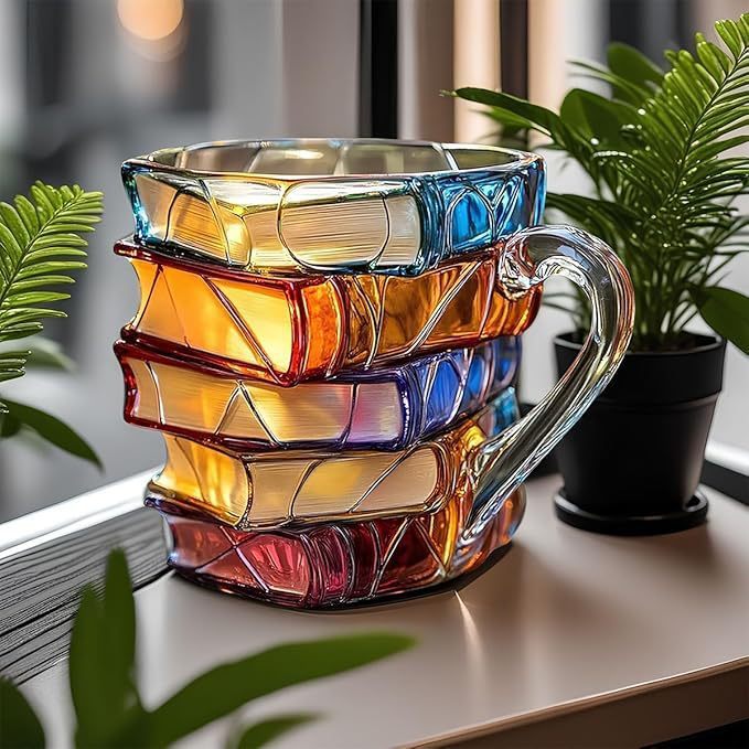 Mug original avec motif livres 3D, peint à la main, idéal pour boissons chaudes ou comme décoration littéraire.