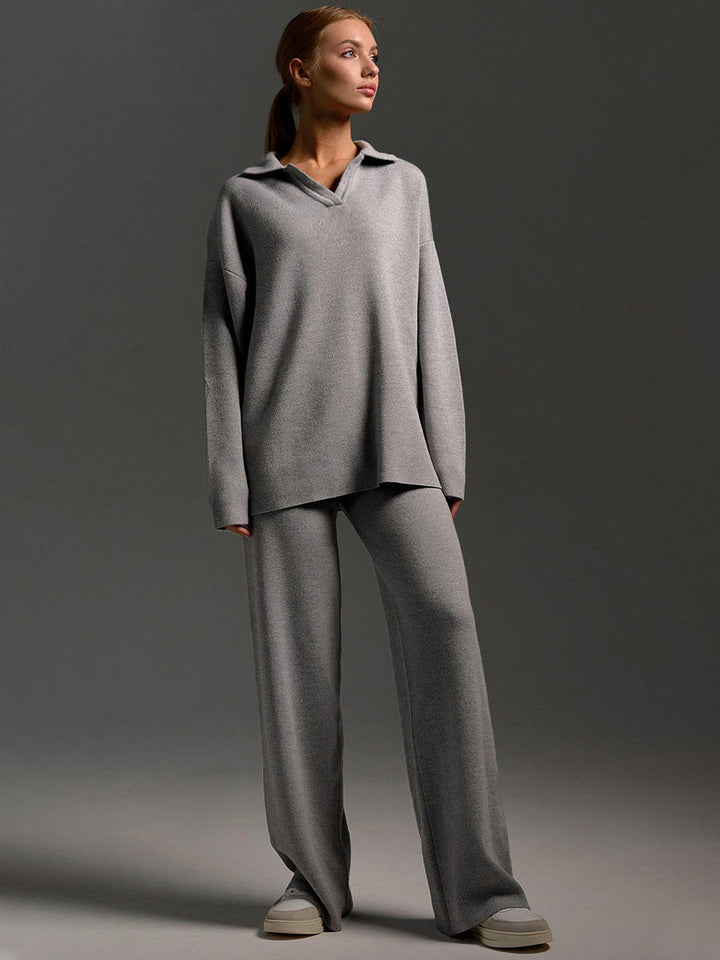 Ensemble chic femme pull polo et pantalon large. Style décontracté raffiné, mode féminine.
