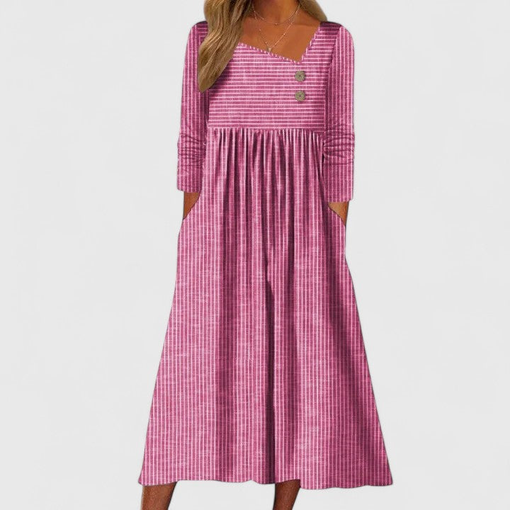 Robe midi femme sophistiquée, style Cleomarie élégant et asymétrique, idéale pour un look chic et moderne.