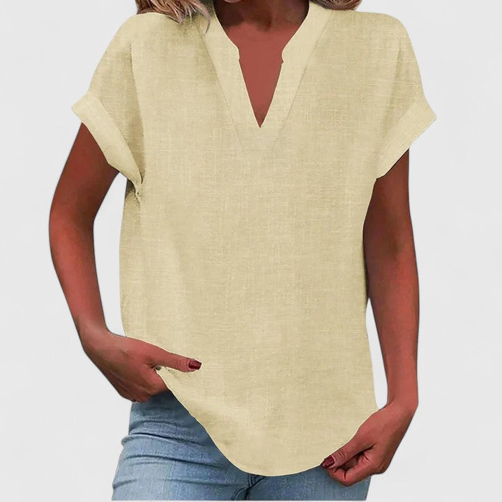 Blouse femme casual chic à col V, un vêtement moderne pour un confort quotidien.