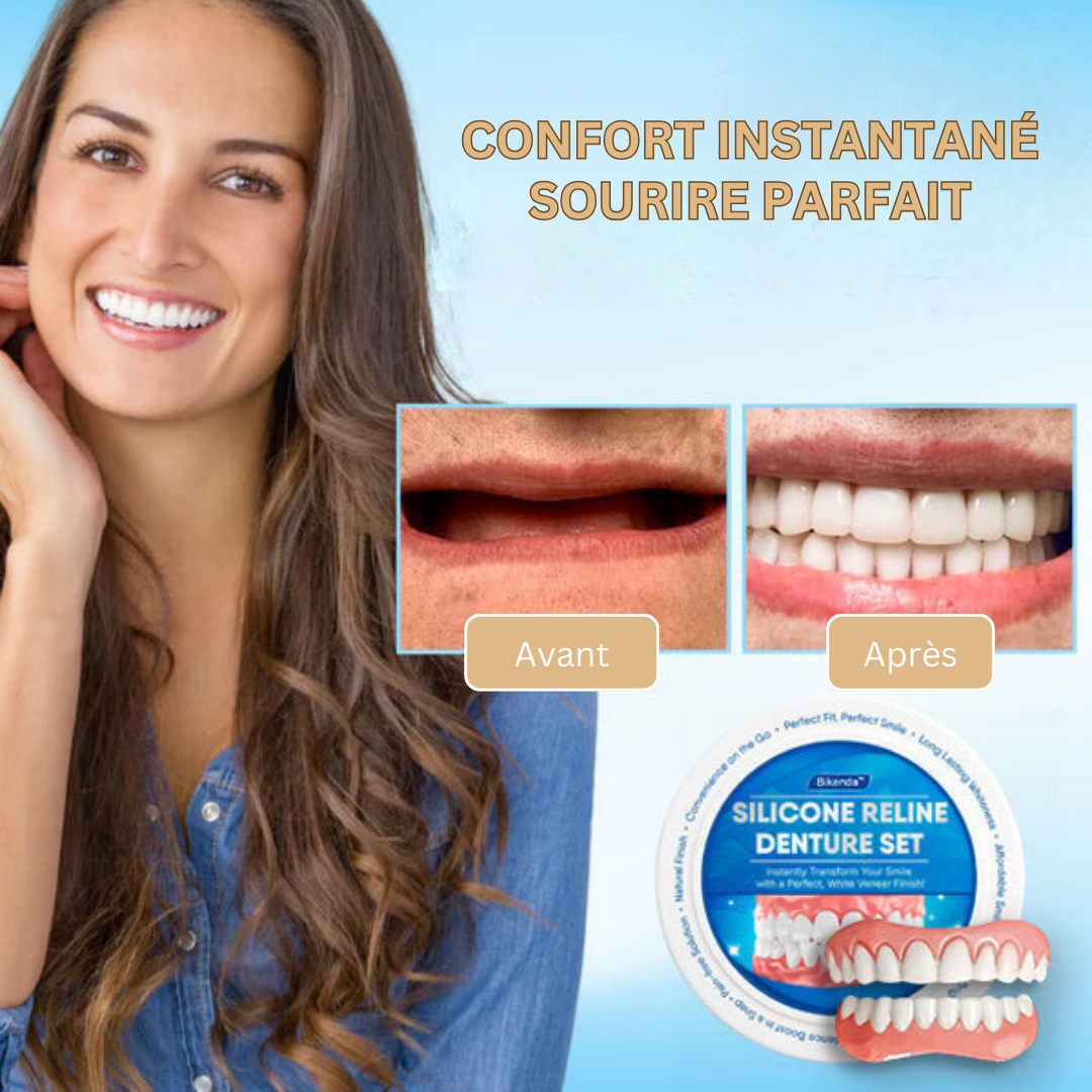 Bikenda, prothèse dentaire en silicone pour adultes. Regarnissage confortable pour un sourire naturel.
