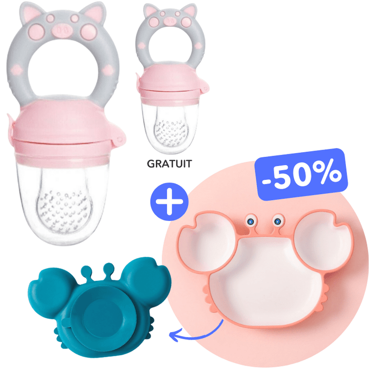 Grignoteuse bébé colorée en silicone pour l'éveil des sens et la découverte des aliments. Sécurité enfant garantie.