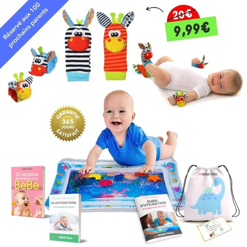 Tapis d'éveil à eau coloré avec animaux flottants pour bébé. Stimule la vue, le toucher et l'éveil.