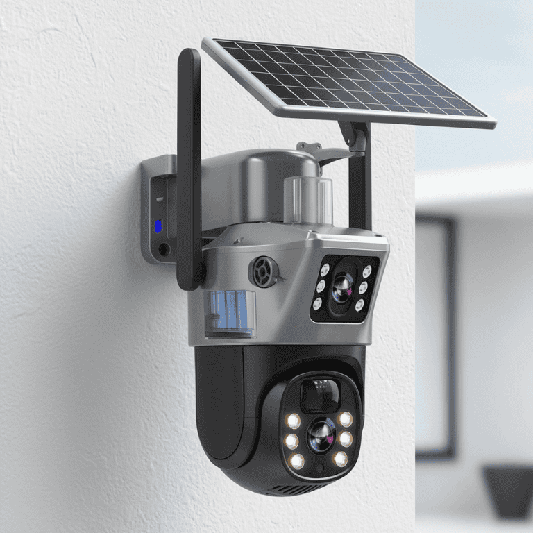 Caméra de sécurité solaire 4K DualGuard extérieure, vision panoramique 360°, surveillance sans fil autonome.