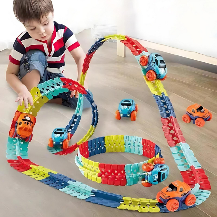 Jouet magnétique pour enfant : circuit de course flexible et créatif. Idéal pour développer la motricité.