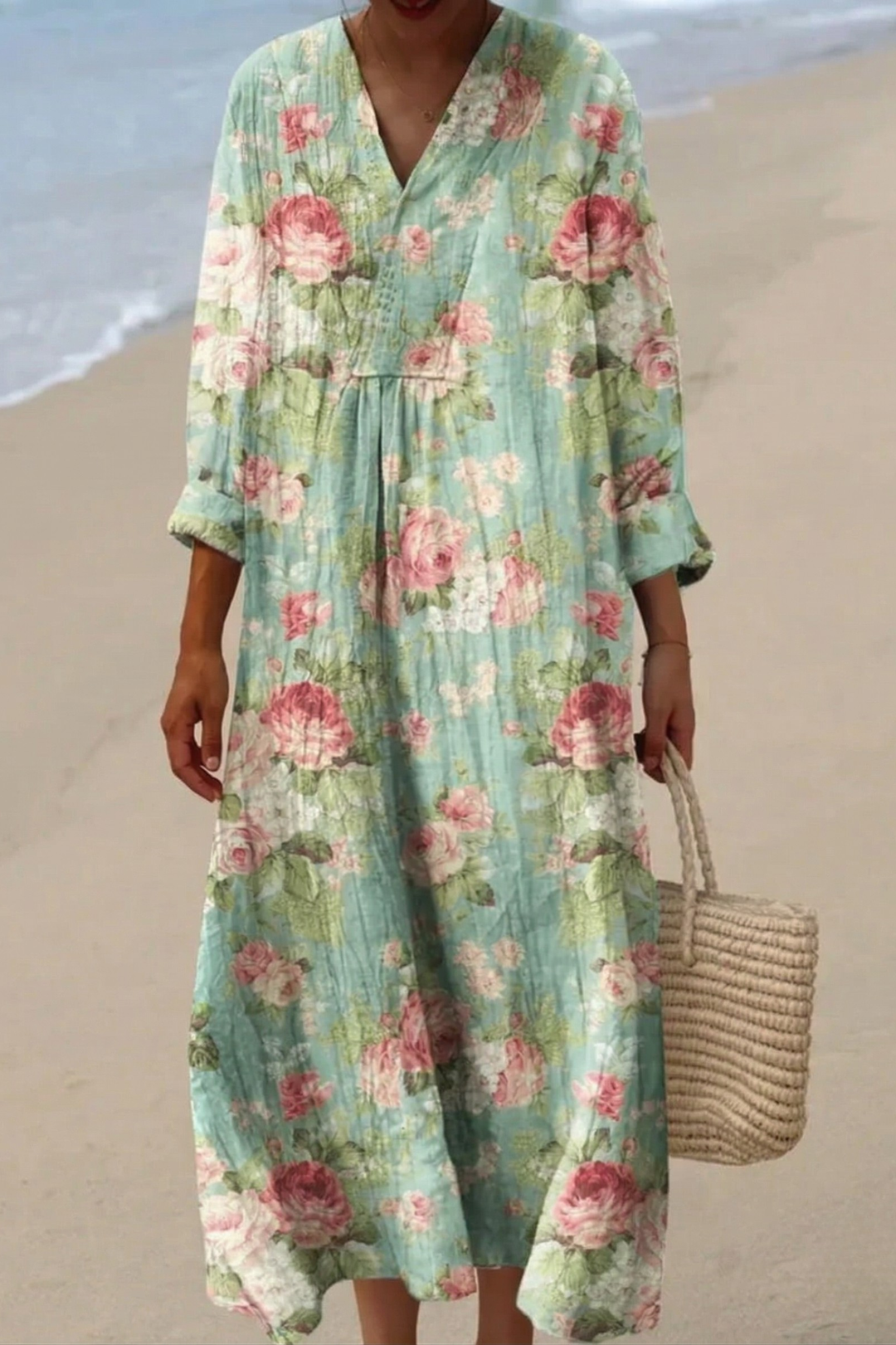 Robe midi florale Rose Garden pour femme. Col V, manches longues, style champêtre élégant. Idéale printemps.