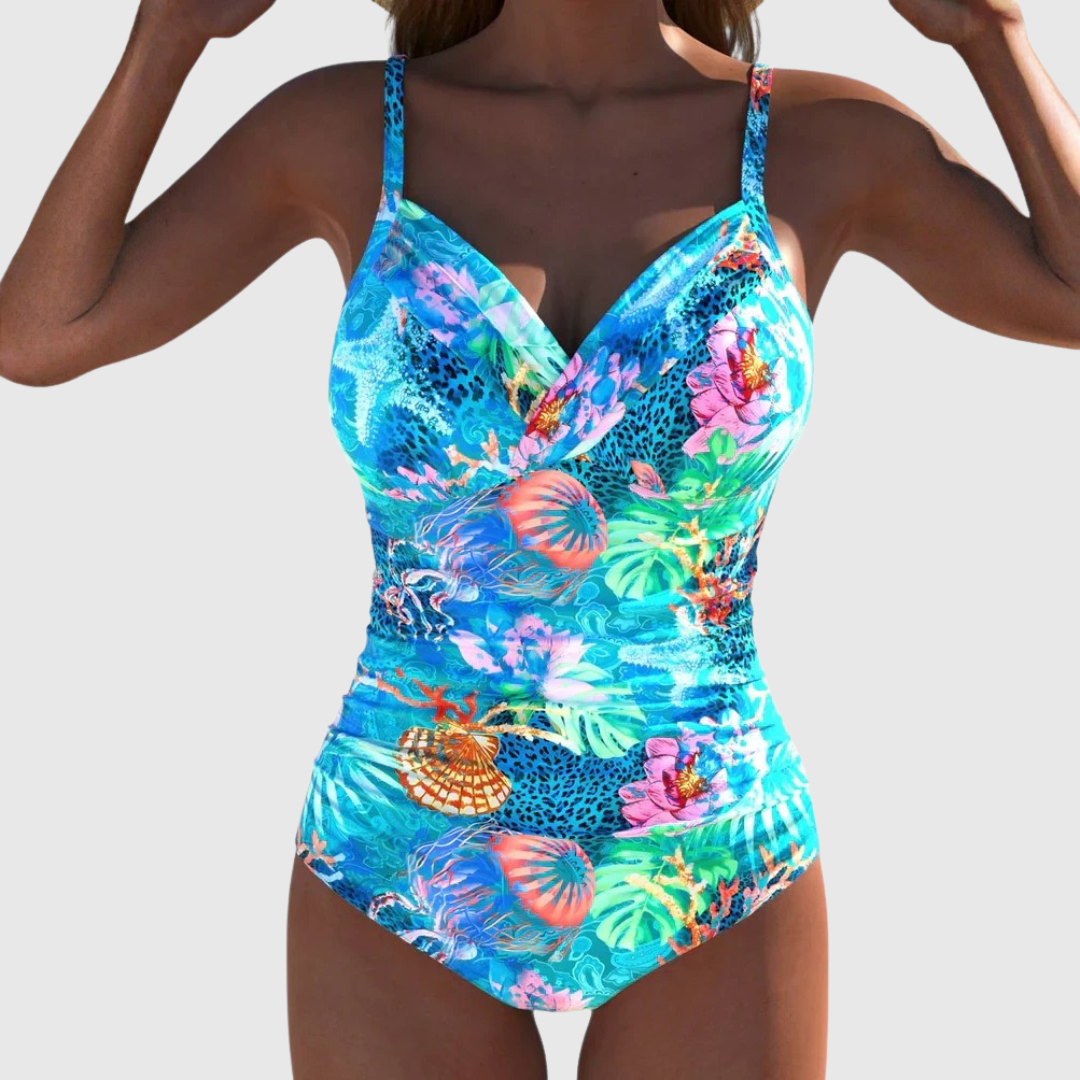 Maillot de bain femme une pièce tropical froncé, col V, idéal été plage/piscine, effet sculptant.