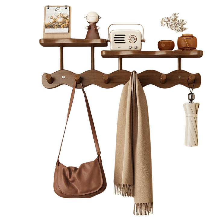 Porte-manteau mural en bois avec étagère, idéal pour organiser votre entrée avec style et praticité.