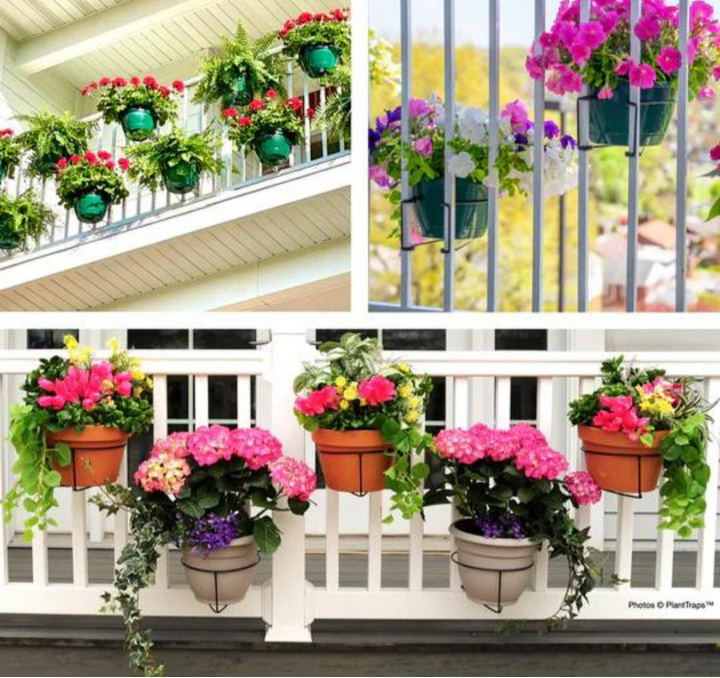 Support de plantes suspendu pour balcon fleuri, ajoute une touche décorative à votre espace extérieur. Installation facile.