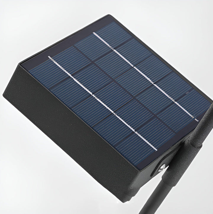 Éclairage jardin solaire LED, lampe extérieure moderne, étanche IP65, balisage design.