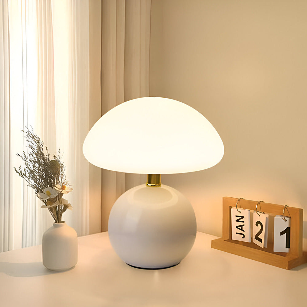 Lampe de chevet champignon LED en céramique, design Bauhaus, lumière d'ambiance 3 couleurs.