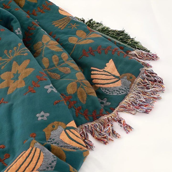 Couverture chaleureuse en coton brodé, motifs oiseaux, fleurs. Décoration de lit/canapé style bohème.