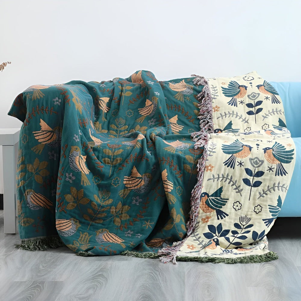 Jeté de lit/canapé en coton doux, motifs brodés oiseaux et fleurs, style bohème-nordique, réversible.