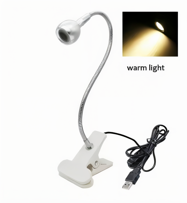 Lampe LED à pince pour bureau, flexible 360°, alimentation USB, lumière réglable pour le confort.