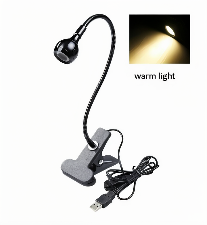 Lampe LED flexible et moderne à pince, éclairage USB 360° pour table de bureau ou chevet.