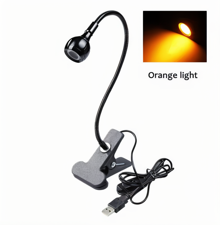 Lampe LED flexible avec pince, portable et USB, lumière 360° réglable pour bureau et lecture.