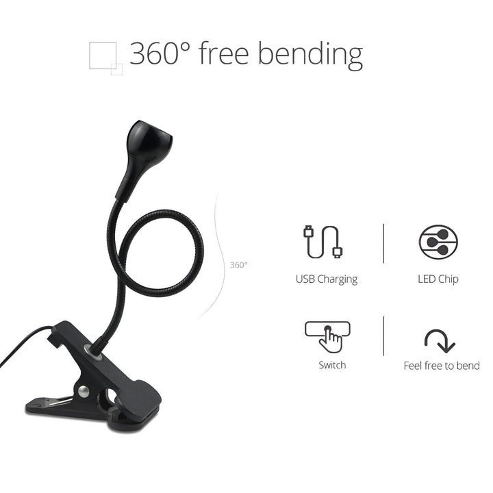 Lampe de travail LED à pince, bras flexible, éclairage USB 360° réglable, pour un bureau moderne.