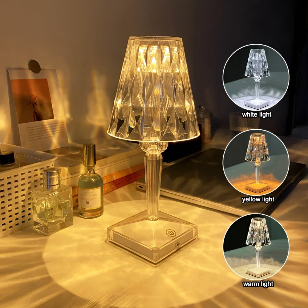 Lampe de chevet LED tactile, projection de cristal, rechargeable USB, parfaite pour une lumière douce.