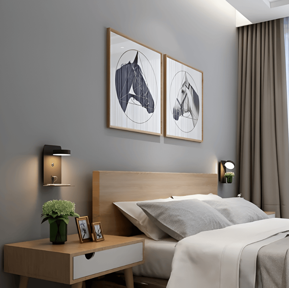 Lampe murale LED dimmable avec étagère et chargeur USB intégré, design moderne pour chambre à coucher.