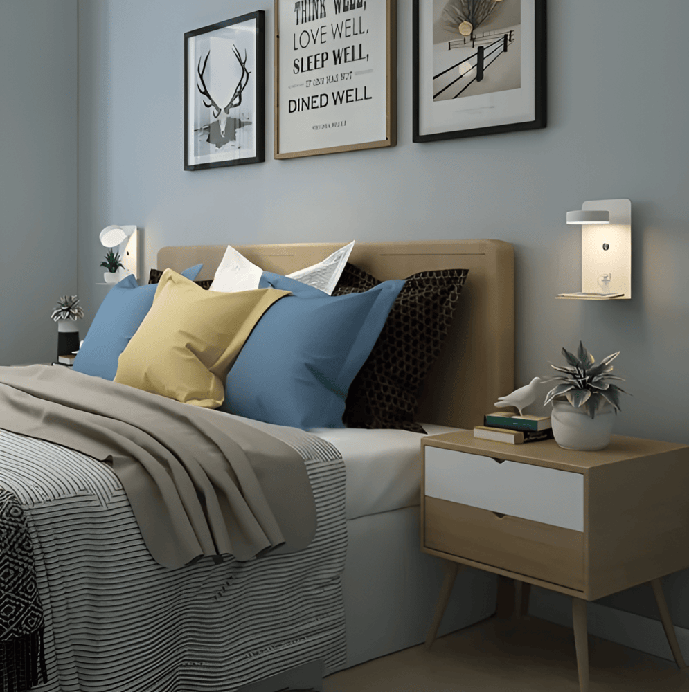 Applique murale LED minimaliste avec étagère pratique et port de charge USB, idéale pour chevet ou lecture.