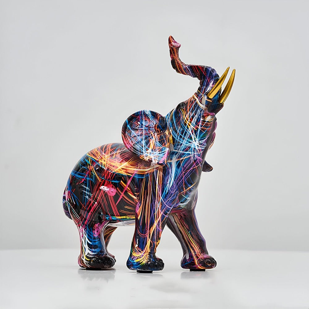 Statue d'éléphant colorée et abstraite, idéale comme cadeau de décoration design pour salon ou chambre.