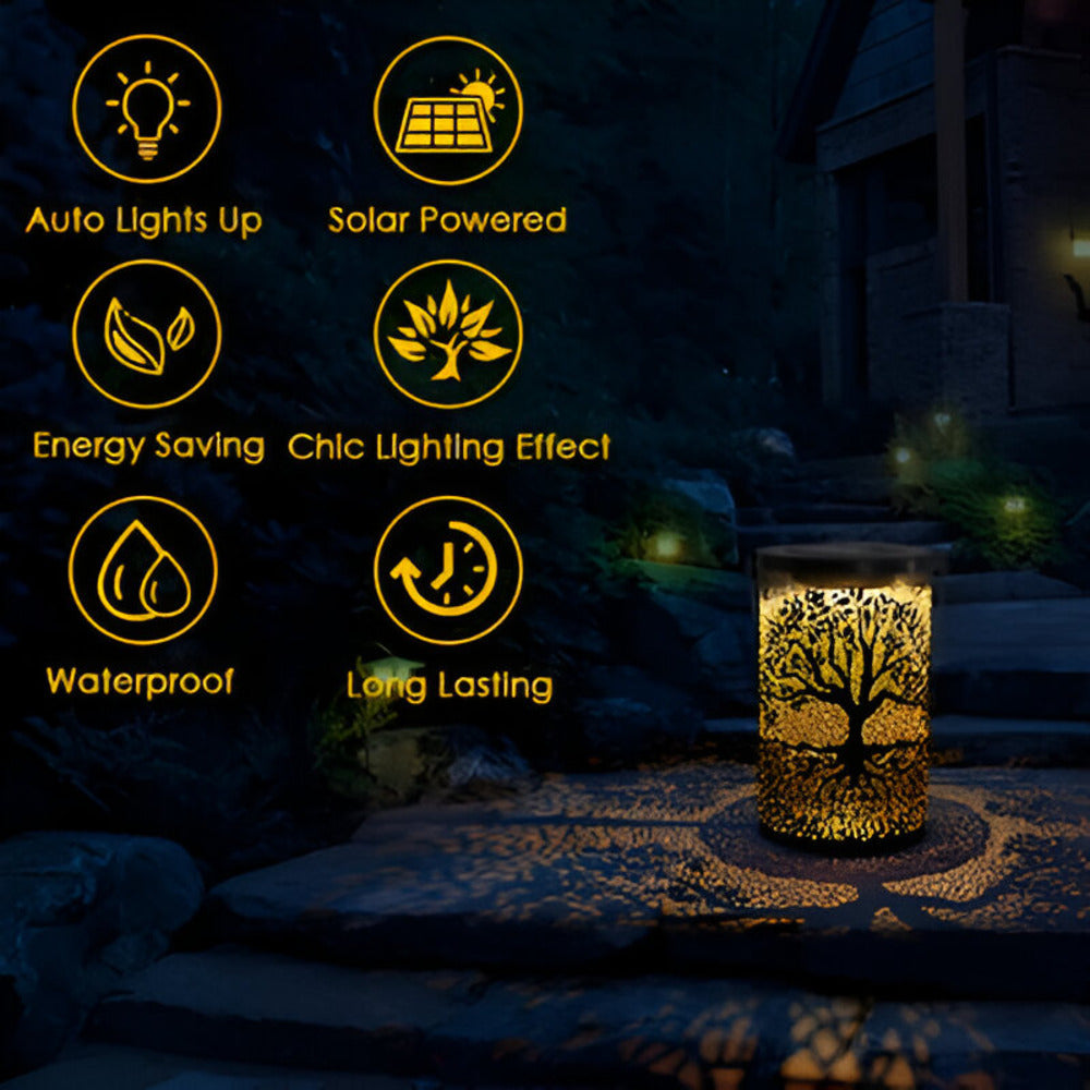 Vue de près d'une lampe solaire LED design bois, éclairage doux pour soirées jardin.