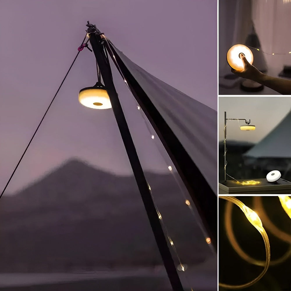 Guirlande LED portable 10m, étanche IP67, idéale éclairage extérieur camping et jardin.