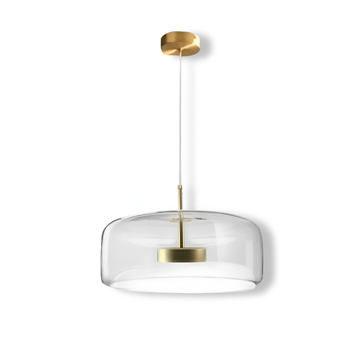 Lampe à suspension en verre, éclairage doux pour ambiance chaleureuse et stylée dans une chambre.