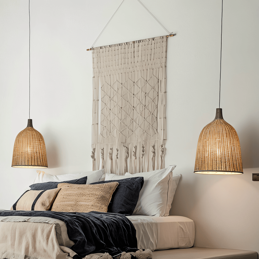 Suspension luminaire design bohème tressé. Crée une ambiance naturelle et chaleureuse pour votre intérieur.