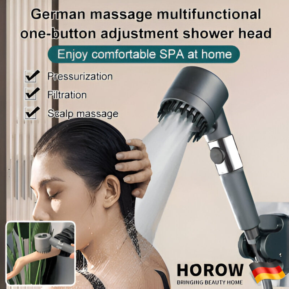 Tête de douche filtrante innovante pour eau purifiée et nettoyage peau. Haute pression, accessoire spa bien-être salle de bain.