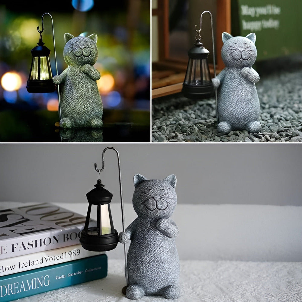 Éclairage d'ambiance jardin : lampe solaire chat, statue résine pour décoration extérieure originale.