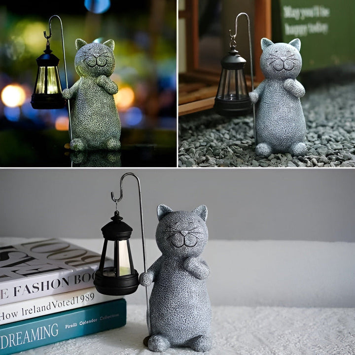 Éclairage d'ambiance jardin : lampe solaire chat, statue résine pour décoration extérieure originale.