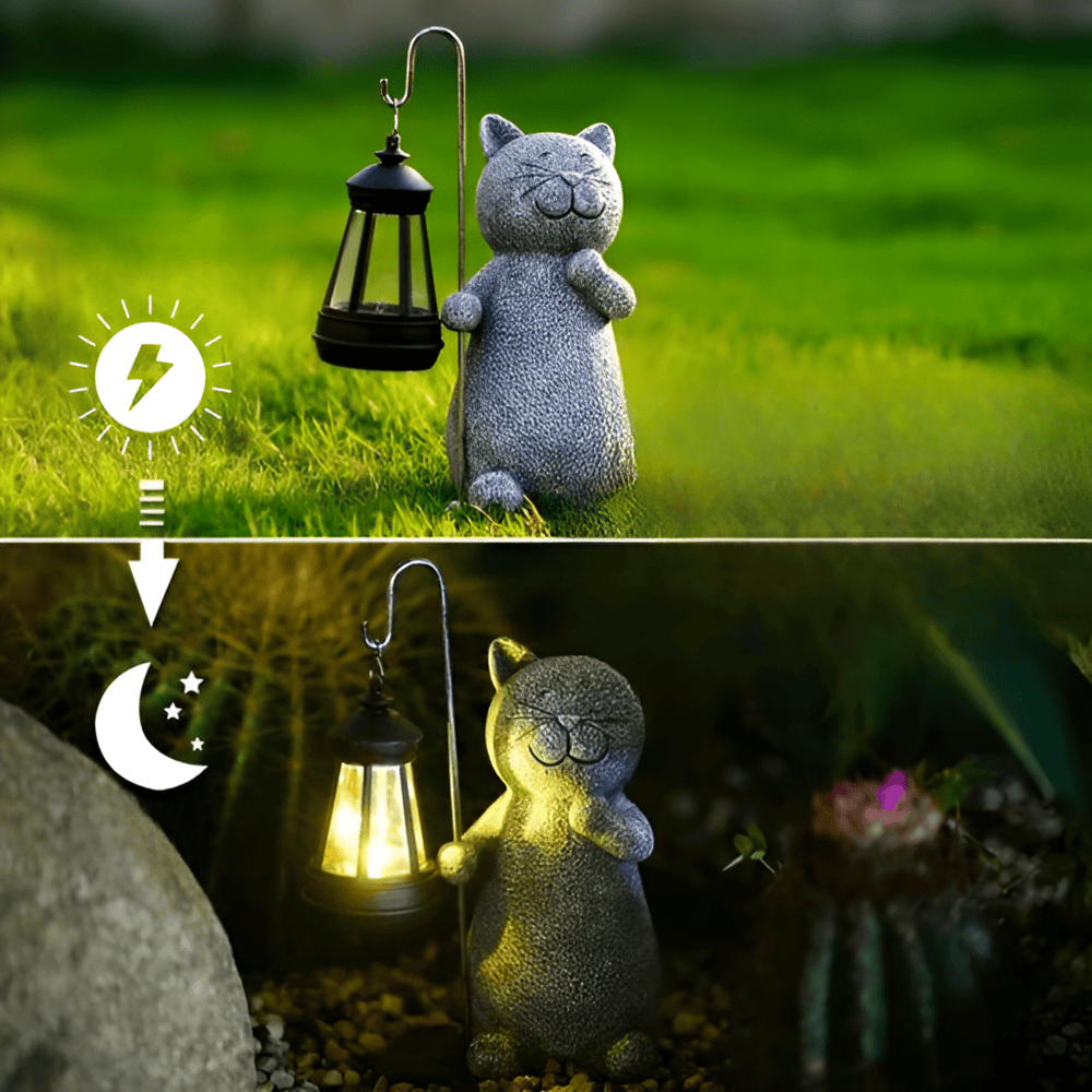Lampe solaire jardin motif chat, éclairage décoratif extérieur autonome en énergie pour votre espace vert.