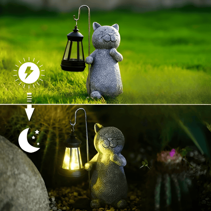 Lampe solaire jardin motif chat, éclairage décoratif extérieur autonome en énergie pour votre espace vert.