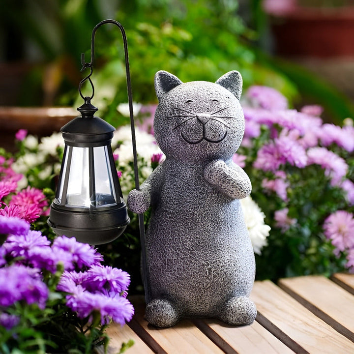 Statue chat solaire en résine, lampe LED pour décoration extérieure de jardin et ambiance nocturne.