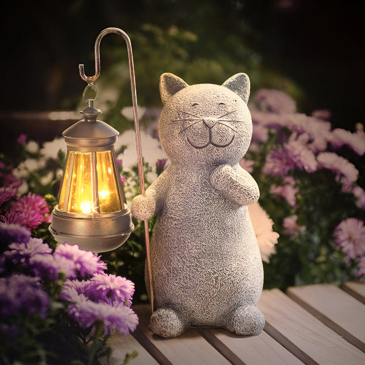 Lampe solaire de jardin, statue de chat décorative en résine avec éclairage LED extérieur.