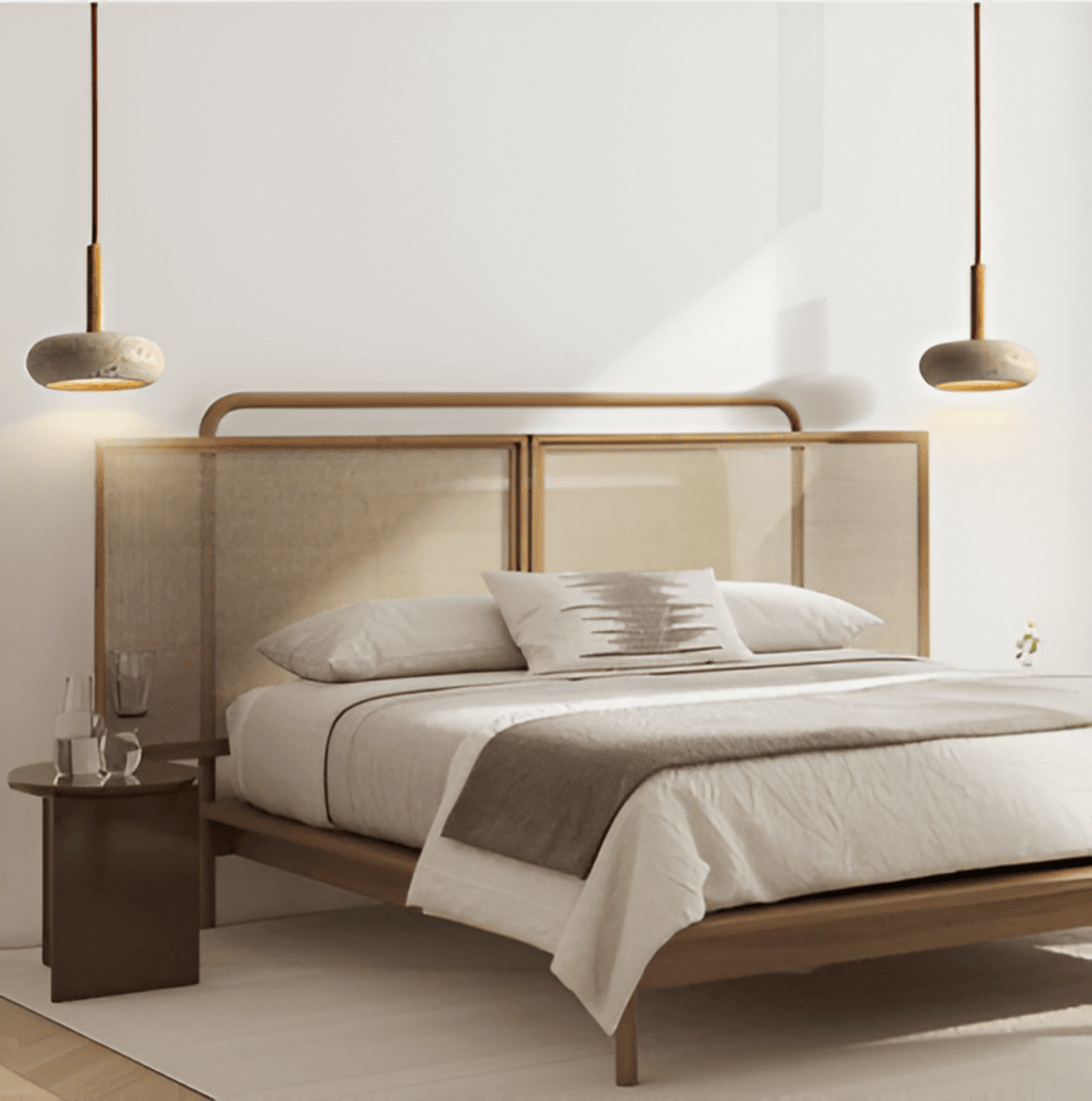 Luminaire suspension travertin et bois, design scandinave épuré. Idéal pour salon ou salle à manger.