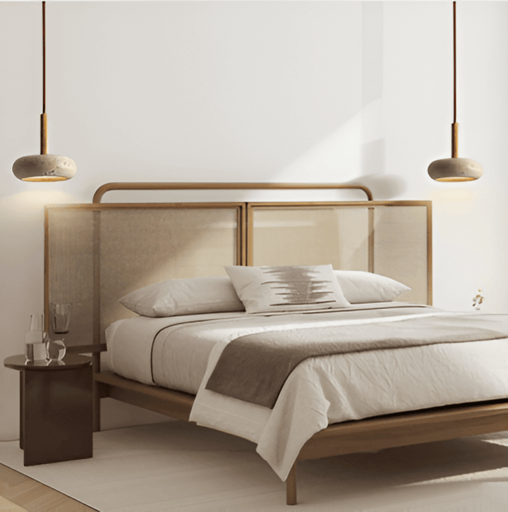 Luminaire suspension travertin et bois, design scandinave épuré. Idéal pour salon ou salle à manger.