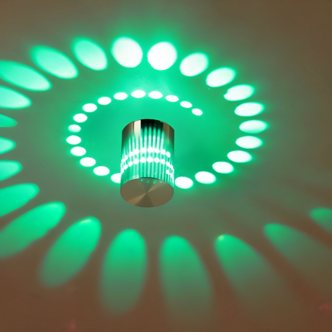 Éclairage mural LED économie d'énergie, cylindre décoratif avec spirale lumineuse.