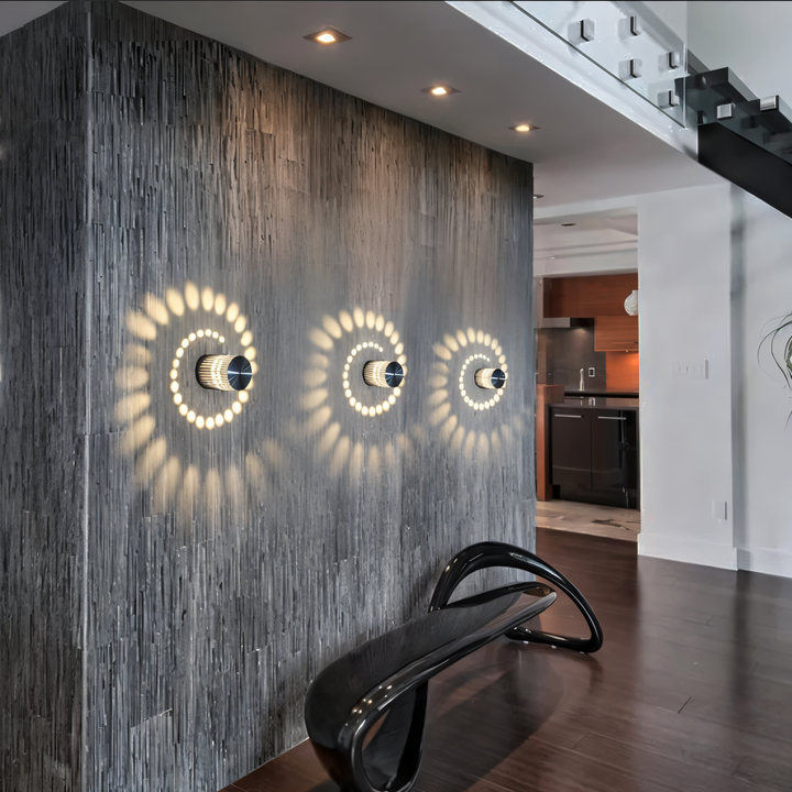 Éclairage d'ambiance LED mural, design cylindrique avec spirale lumineuse moderne.