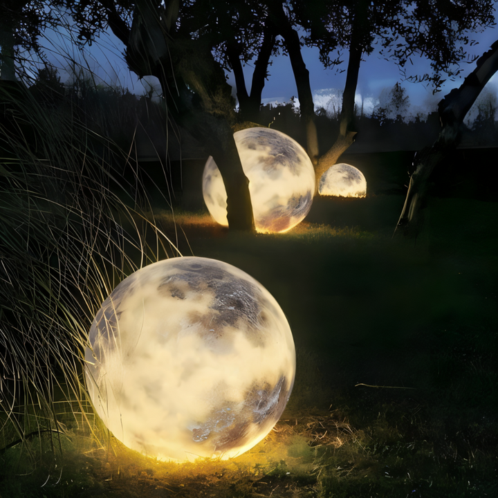 Lampe solaire LED lunaire pour jardin, éclairage extérieur IP65, lumière ambiante écologique.