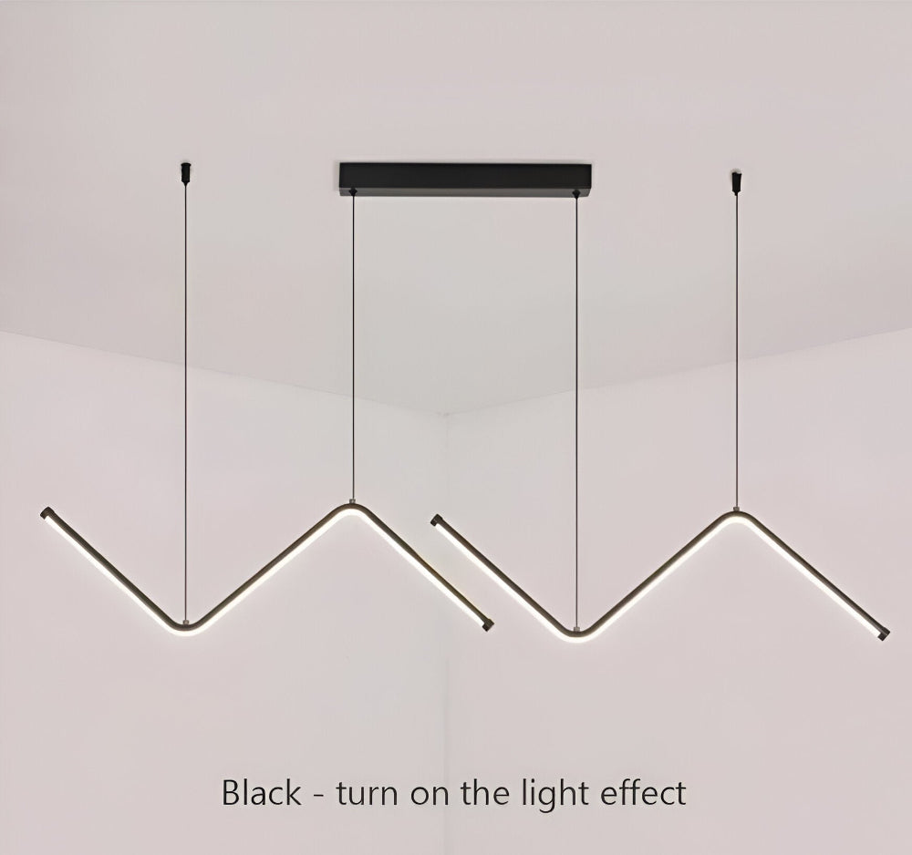 Éclairage LED géométrique pour salon, suspension dimmable au design contemporain.