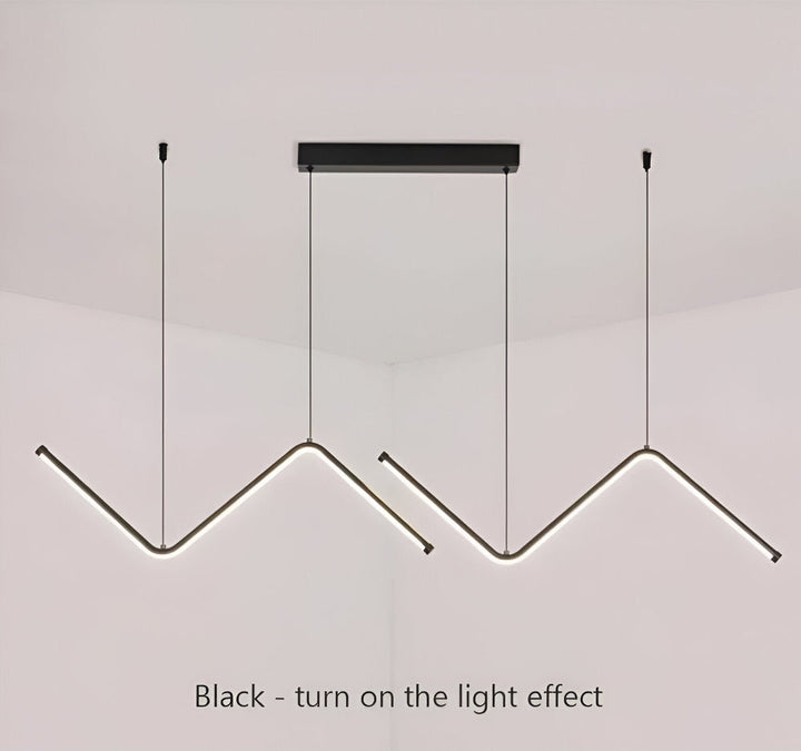 Éclairage LED géométrique pour salon, suspension dimmable au design contemporain.