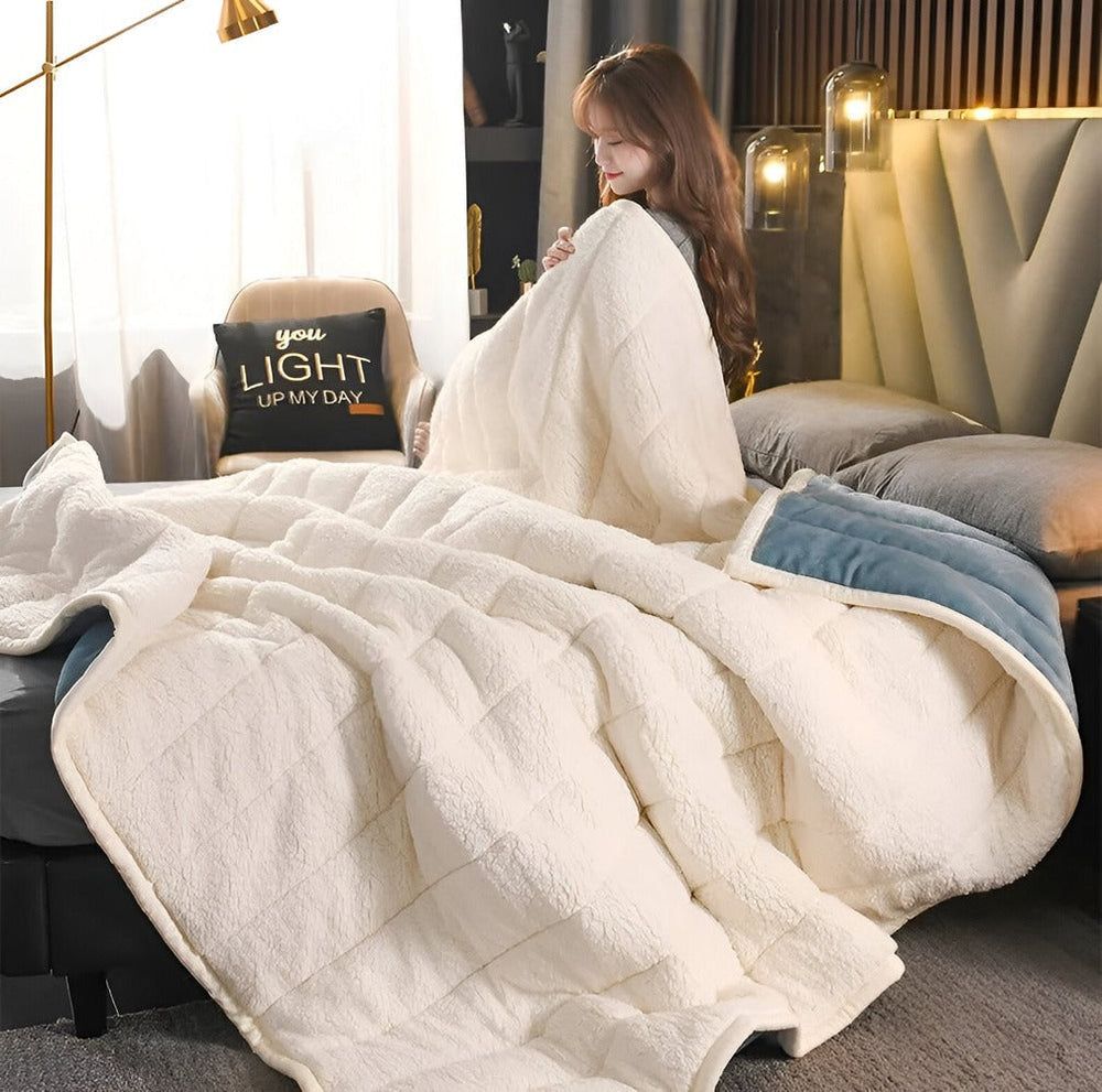 Plaid sherpa réversible moelleux, idéal cocooning, douceur inégalée pour hiver/été, confort textile.