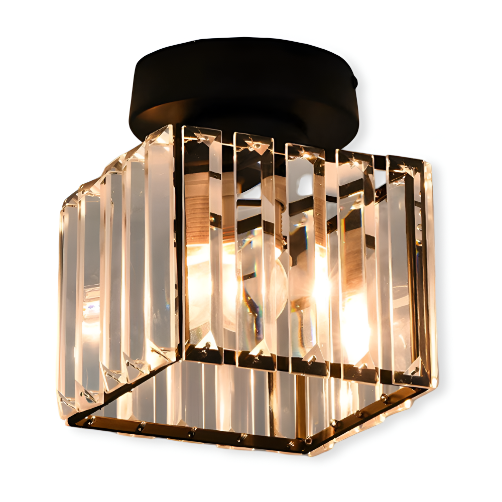 Lampe de plafond LED Crystalon, design moderne, crée une ambiance chaleureuse au salon.