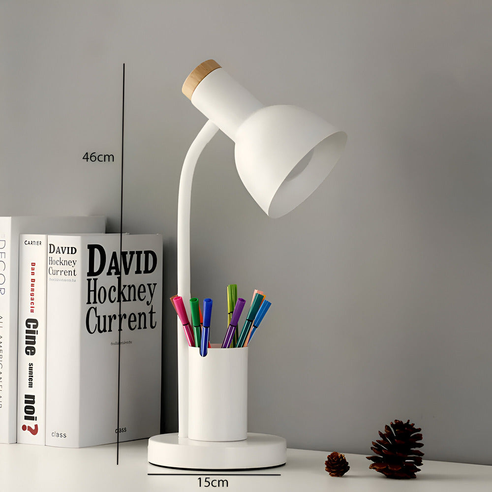 Lampe de bureau LED moderne, bras articulé, porte-stylo intégré, éclairage optimal pour lecture.