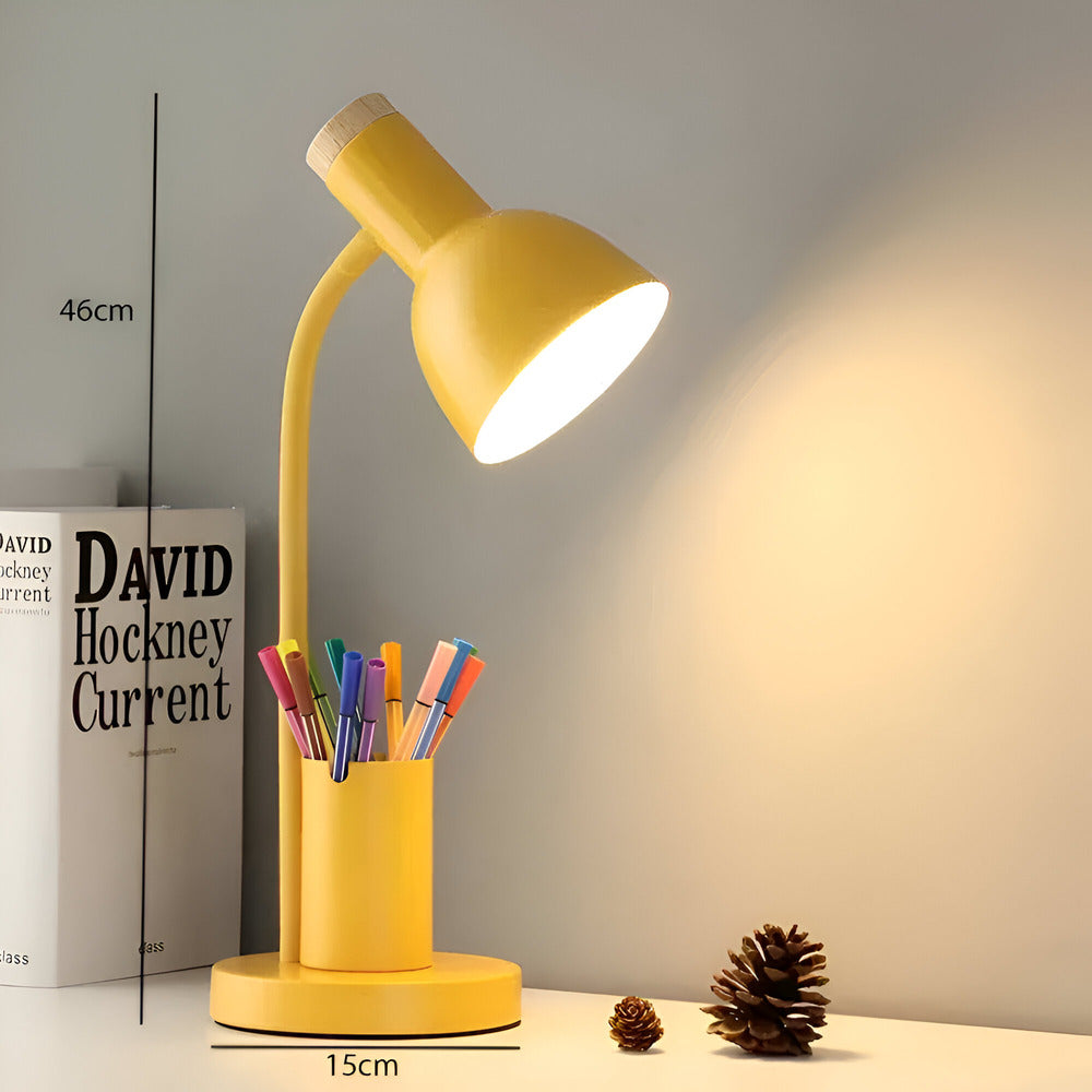 Lampe LED scandinave, bras flexible, base porte-stylo, idéale pour l'organisation et l'éclairage de bureau.