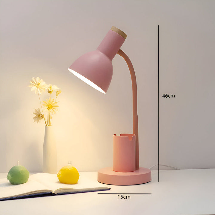Éclairage LED de bureau, design nordique contemporain, bras réglable et rangement pour fournitures.